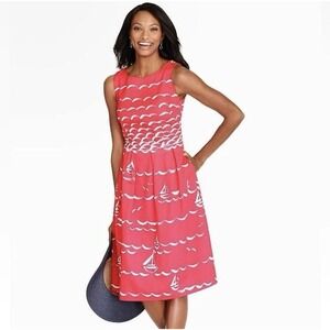 Talbots Sailboat Print Midi Dress Women's Size 8 Coral Pink Nautical Fit & Flare